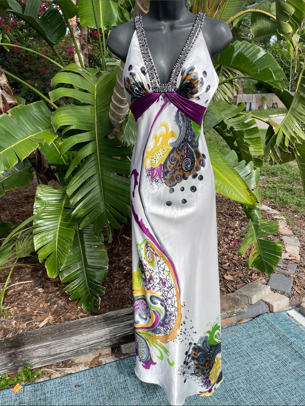 bias, cut satin beaded slipped dress